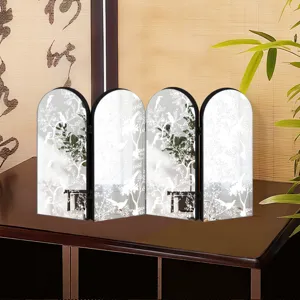 Desktop folding screen mirror with elegant bird tree pattern Chinese style tabletop decor