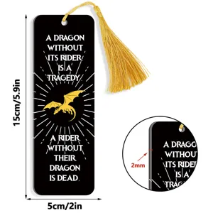 Detailed view of black acrylic bookmark with golden tassel and dragon quote design 15x5cm