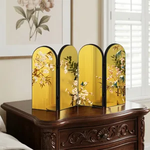 Miniature folding screen tabletop ornament with golden mirror finish and Chinese floral bird art.