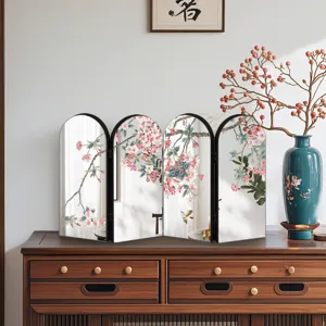 Chinese style desktop folding screen decorative mirror with floral bird art design.