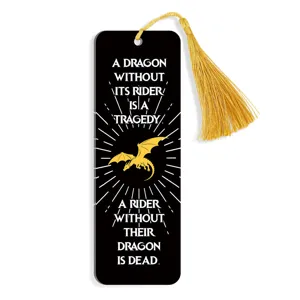Black metal or acrylic bookmark with elegant gold tassel and dragon quote design.