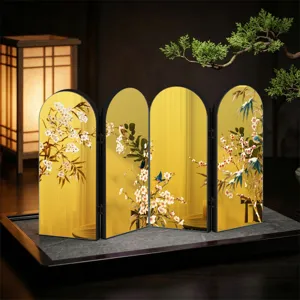 Miniature Chinese style gold mirror folding screen tabletop ornament with floral details.