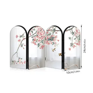 Miniature arched folding screen detail, cherry blossom floral pattern, tabletop decor.