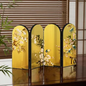 Miniature Chinese style folding screen ornament with gold mirror and floral art decor.