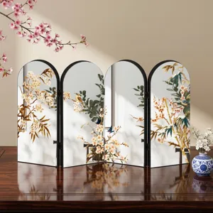 Chinese style arched mirror folding screen tabletop ornament with botanical art decor
