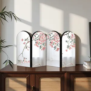 Chinese style miniature folding screen tabletop decor with floral mirror panels for home office.
