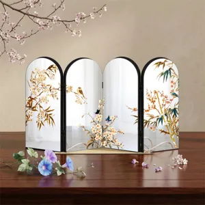 Creative Chinese style mirror folding screen tabletop ornament with floral and bird design for home decor