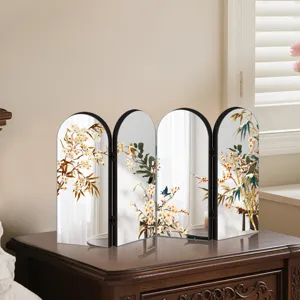 Detailed shot of Chinese style four-panel folding mirror screen with elegant floral art decor.