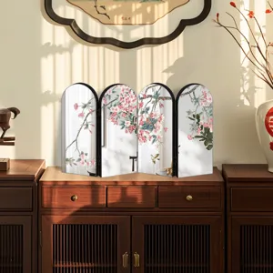 Miniature 4-panel arched folding screen desktop ornament with Chinese cherry blossom art print.