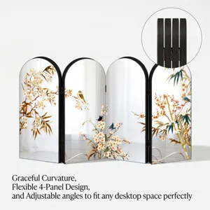 Creative Chinese style 4-panel folding mirror screen desktop ornament with floral bird art.