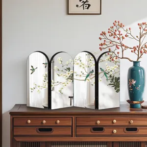 Desktop decorative folding screen detail, traditional Chinese style floral bird painting tabletop display.