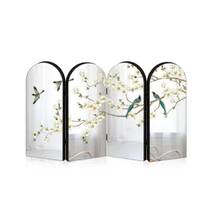 Decorative 4-panel arched mirror screen featuring elegant oriental floral and bird art.