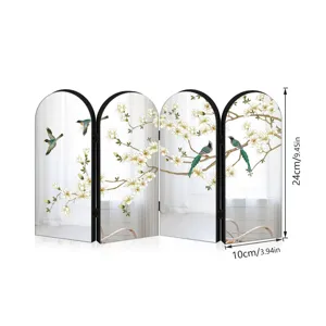 Chinese style mini folding screen desktop decoration with mirror and bird flower design.
