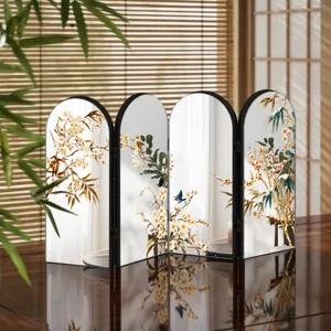 Chinese style four panel folding mirror screen tabletop ornament with floral bird print.