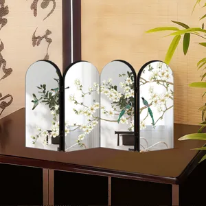 Chinese style 4-panel arched mirror folding screen tabletop ornament with floral bird design.