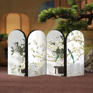 Traditional Chinese style desktop four-panel arched screen with elegant flower and bird art.