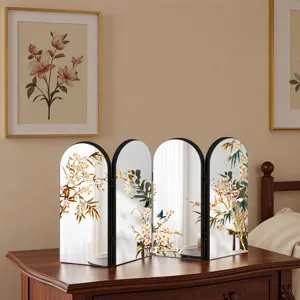 Chinese style folding mirror screen acrylic desktop ornament with elegant floral bird design.