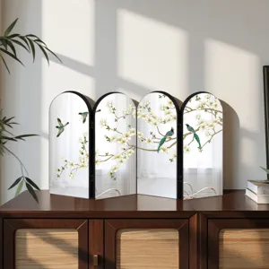 Detailed close-up of Chinese style tabletop folding screen with exquisite floral mirror panels.