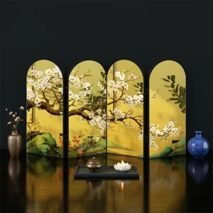 Detailed view of traditional Chinese style golden arch folding screen with plum blossom decor.