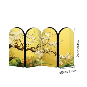Mini Chinese style folding screen golden desktop ornament with plum blossom art 24x10cm