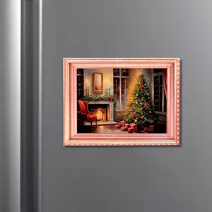 Kerst verlichte fotolijst koelkastmagneet, feestelijke houten magnetische decoratie detail.