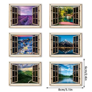 3D houten magnetische koelkaststicker met nep venster landschap voor huisdecoratie.