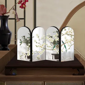 Chinese style four-panel folding mirror screen tabletop decoration with floral bird art.