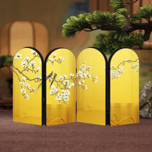 Chinese style mini tabletop screen ornament with gold mirror finish and floral bird art.
