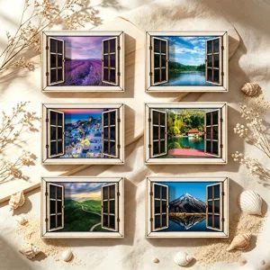 3D houten magnetische koelkaststickers, prachtig raam landschap decoratieve accessoires.