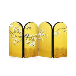 Chinoiserie arched gold mirror screen decorative miniature tabletop display with floral detail.