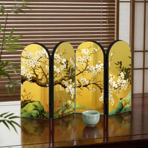 Decorative mini Chinese style folding screen tabletop ornament with golden plum blossom design.