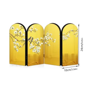 Mini Chinese style 4-panel folding screen desktop decoration with elegant magnolia flower art.
