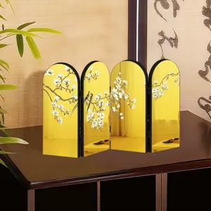 Miniature gold folding screen tabletop ornament with Chinese floral and bird art decor detail.