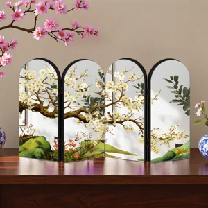 Detailed view of Chinese style acrylic folding screen ornament with plum blossom pattern.