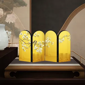 Detailed close-up shot of the traditional Chinese mini gold screen desktop ornament.