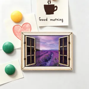 Mooie 3D Houten Magnetische Koelkast Sticker Nep Raam Lavendel Landschap Voor Huis Decor