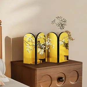 Mini Gold Mirror Screen Tabletop Decor Chinese Style 4-Panel Folding Floral Ornament