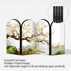 Creative Chinese style 4-panel folding mirrored screen desktop decoration with floral art.