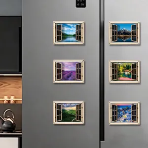 3D Houten Magnetische Koelkaststickers Creatieve Venster Landschap Huis Decor Decals