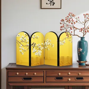 Chinese style desktop folding screen ornament with gold mirror finish floral bird decor for home