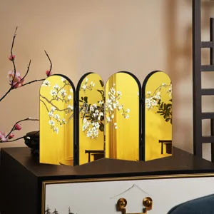Desktop decorative miniature folding screen with gold mirror finish and Chinese floral art.