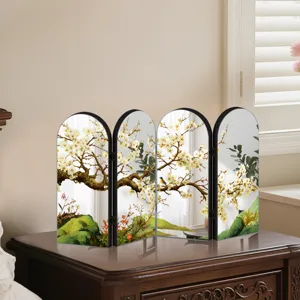 Detail view of Chinese style tabletop folding mirror screen with elegant plum blossom art.