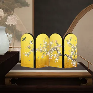 Traditional Chinese desktop folding screen ornament with gold mirror finish and floral art.