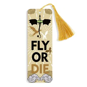 Creative dragon pattern acrylic bookmark with golden tassel reading fly or die design.
