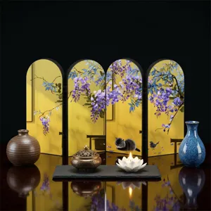 Detail view of creative Chinese style miniature folding screen ornament with wisteria flowers.