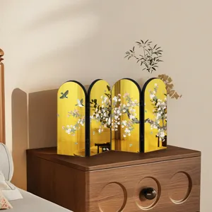 Exquisite Chinese style mini folding screen desktop ornament with gold mirror plum blossom design.