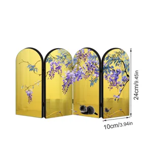 Detailed view of Chinese style mini acrylic folding screen ornament with wisteria and cute cat.
