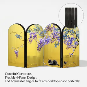 Acrylic folding screen detail showing Chinese style wisteria art and flexible 4-panel design.