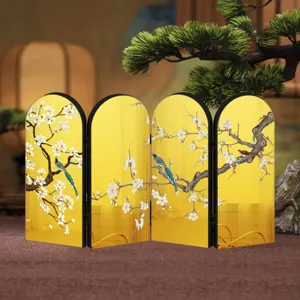 Mini Chinese style folding screen desktop ornament with gold floral and bird pattern.
