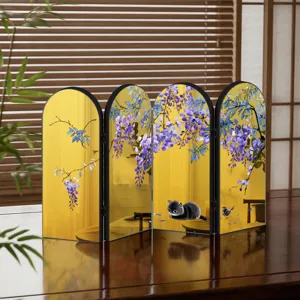 Chinese style gold mirror folding screen desktop ornament with wisteria and cat detail
